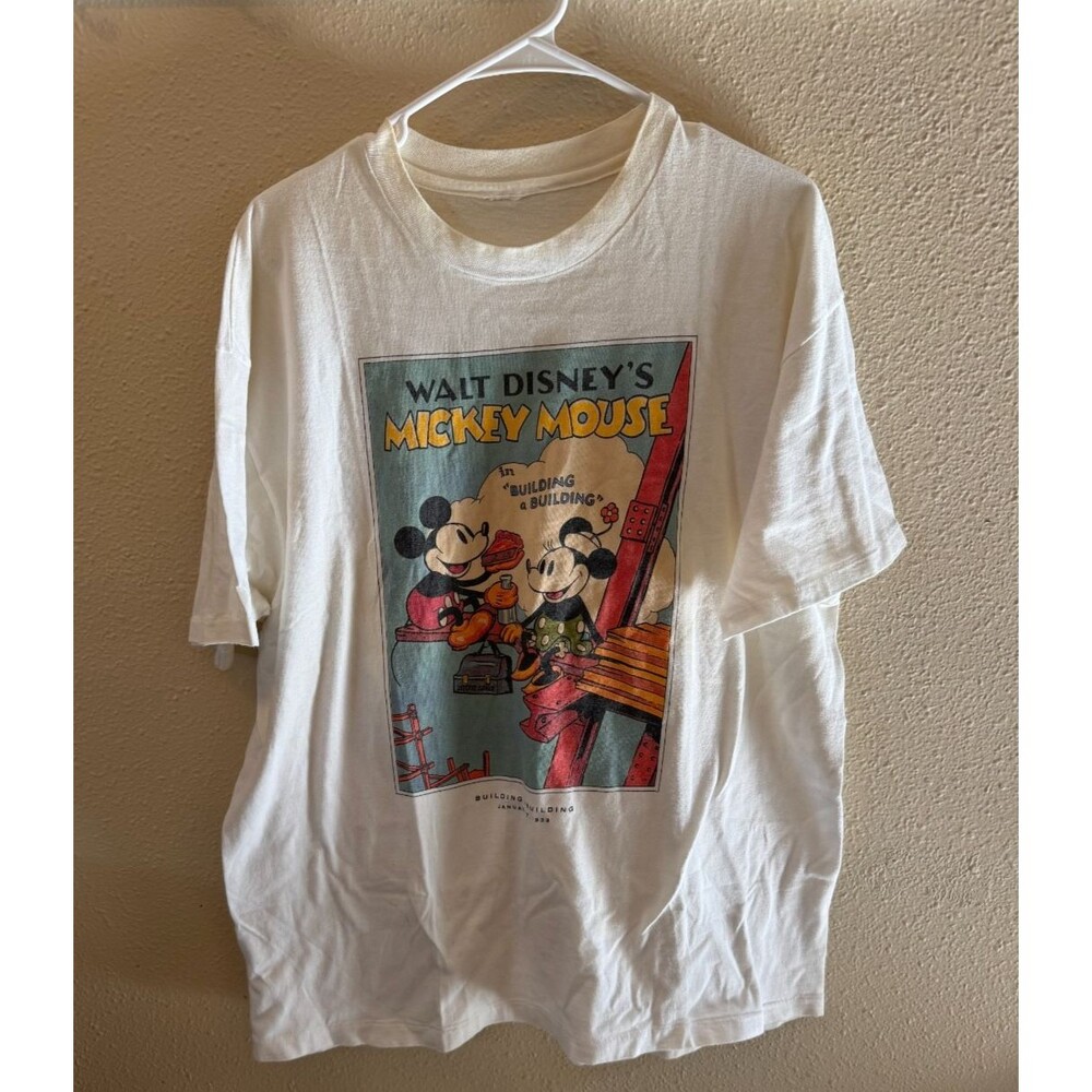 Disney Mickey Mouse Building A Building Graphic T-Shirt White Adult XL Vintage
